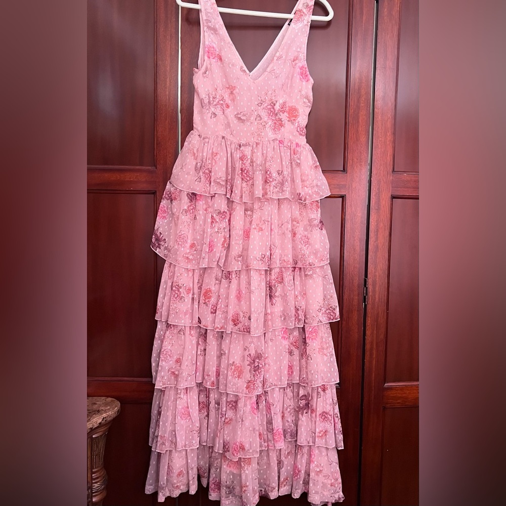 Pink Floral Tiered V-Neck Maxi Dress